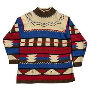 Vintage Lizsport Womens Pullover Sweater Multicolor Geometric Beads Size M